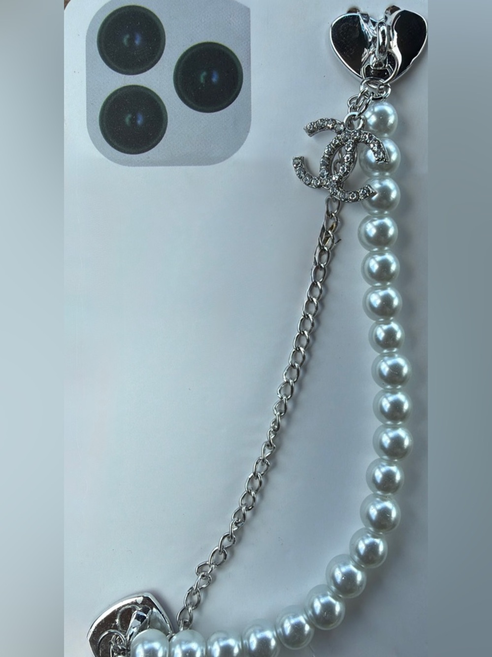 CC Lettered Silver-Tone Chain and White Pearl Phone Charm with Crystal Logo